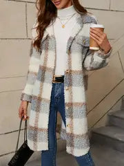 Cozy Long Sleeve Plaid Fuzzy Lapel Jacket - Elegant & Warm Women's Coat for Fall & Winter!