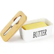 Airtight Ceramic Butter Dish Set with Bamboo Lid & Knife - Perfect for Countertop & Fridge Storage