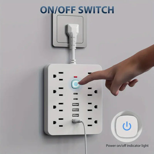 14-in-1 Power Strip with Surge Protection & One-Touch Control - 4 AC Outlets & 6 USB Ports (2 Type-C) - Ideal for Office, Home & School