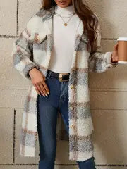 Cozy Long Sleeve Plaid Fuzzy Lapel Jacket - Elegant & Warm Women's Coat for Fall & Winter!