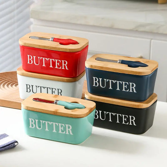 Airtight Ceramic Butter Dish Set with Bamboo Lid & Knife - Perfect for Countertop & Fridge Storage