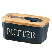 Airtight Ceramic Butter Dish Set with Bamboo Lid & Knife - Perfect for Countertop & Fridge Storage