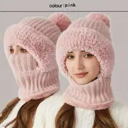 3-in-1 Winter Fleece Lined Knitted Hat with Ear Covers - Windproof Scarf Mask Set for Ultimate Warmth