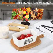 Airtight Ceramic Butter Dish Set with Bamboo Lid & Knife - Perfect for Countertop & Fridge Storage