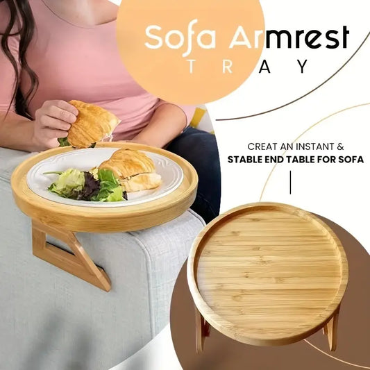 Foldable Bamboo Sofa Armrest Tray - Instant Stable End Table - 9.84" x 5.12" - Elegant Hardwood Design