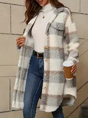 Cozy Long Sleeve Plaid Fuzzy Lapel Jacket - Elegant & Warm Women's Coat for Fall & Winter!