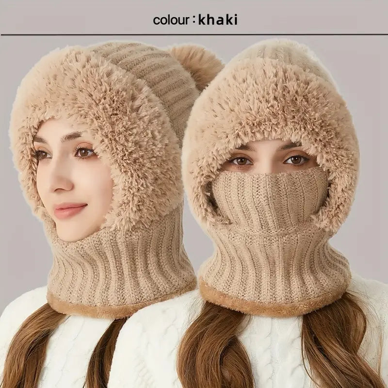 3-in-1 Winter Fleece Lined Knitted Hat with Ear Covers - Windproof Scarf Mask Set for Ultimate Warmth